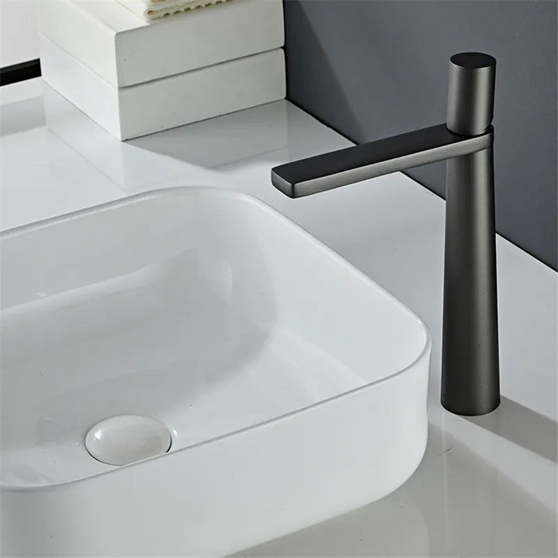 DecorBites™ Basin Faucet: Black/Grey Brass Bathroom Mixer Tap, Single Handle Hot Cold Lavatory