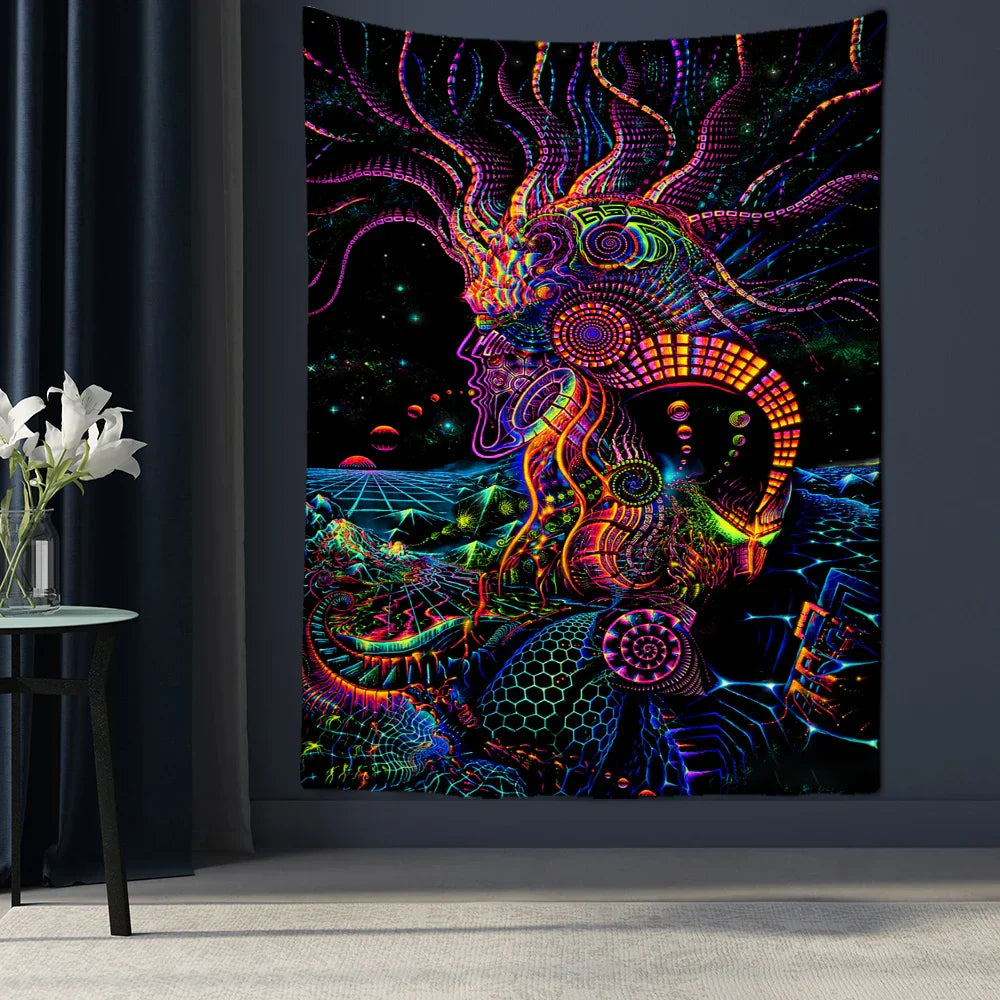 Psychedelic Fluorescent Portrait Tapestry by Decobites for Bohemian Home Decor