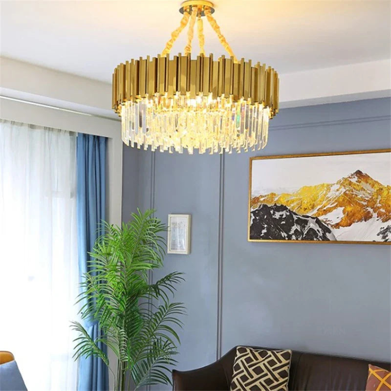 DecorBites™ Golden Stainless Steel K9 Crystal Chandelier for Elegant Dining Room Lighting
