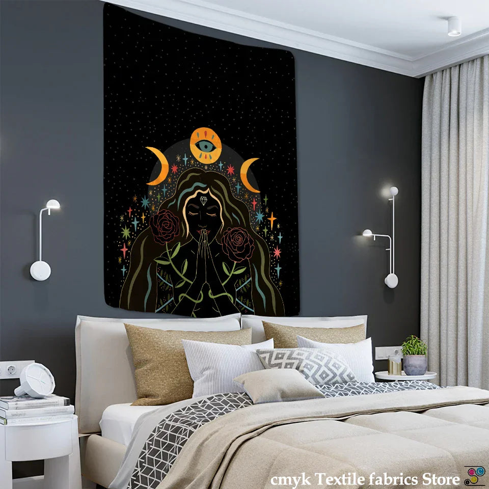 Decobites Moon Phase Girl Mandala Tapestry: Bohemian Hippie Wall Hanging for Psychedelic Home Decor