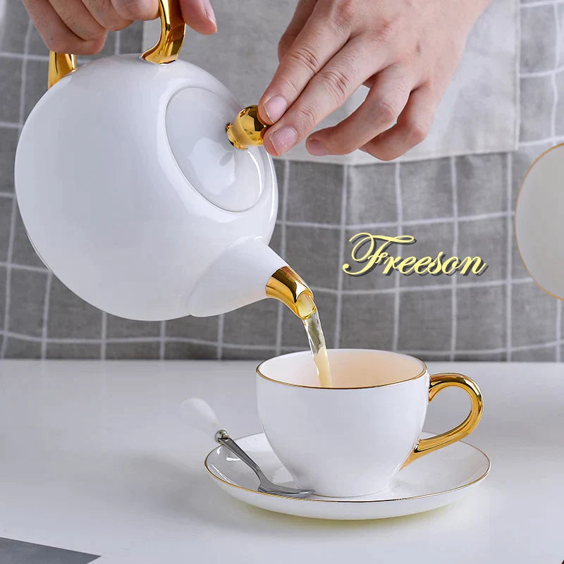DecorBites™ Elegant Bone China Tea Set | Porcelain Teacup & Teapot Set White Gold