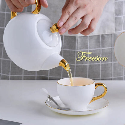DecorBites™ Elegant Bone China Tea Set | Porcelain Teacup & Teapot Set White Gold