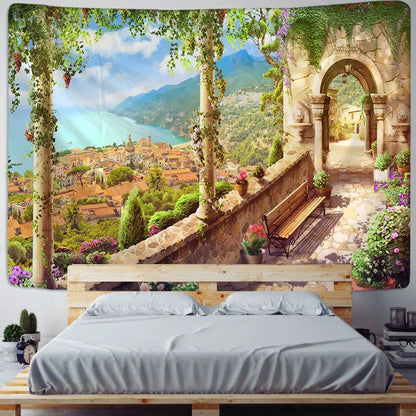 Decobites Green Plant Landscape Tapestry | Boho Wall Hanging for City Castle Hill