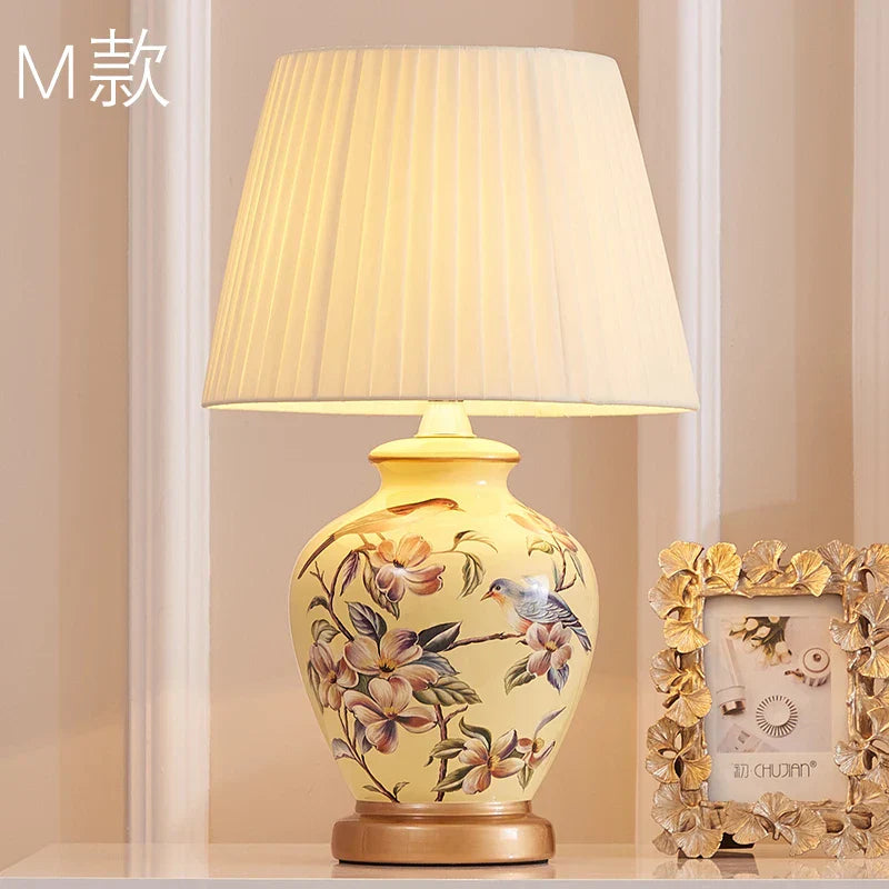 DecorBites™ Chinese Bird Flower Ceramic Table Lamp for Bedroom Living Room Bedside