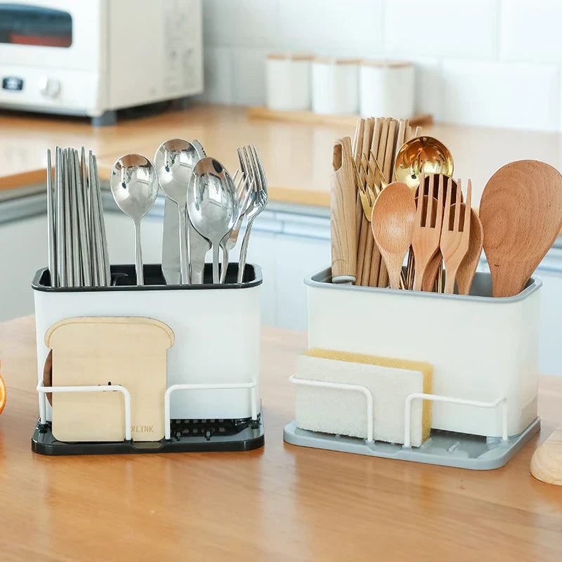 DecorBites™ Double Grid Cutlery Organizer Drainer - Kitchen Utensil Holder and Sponge Rack