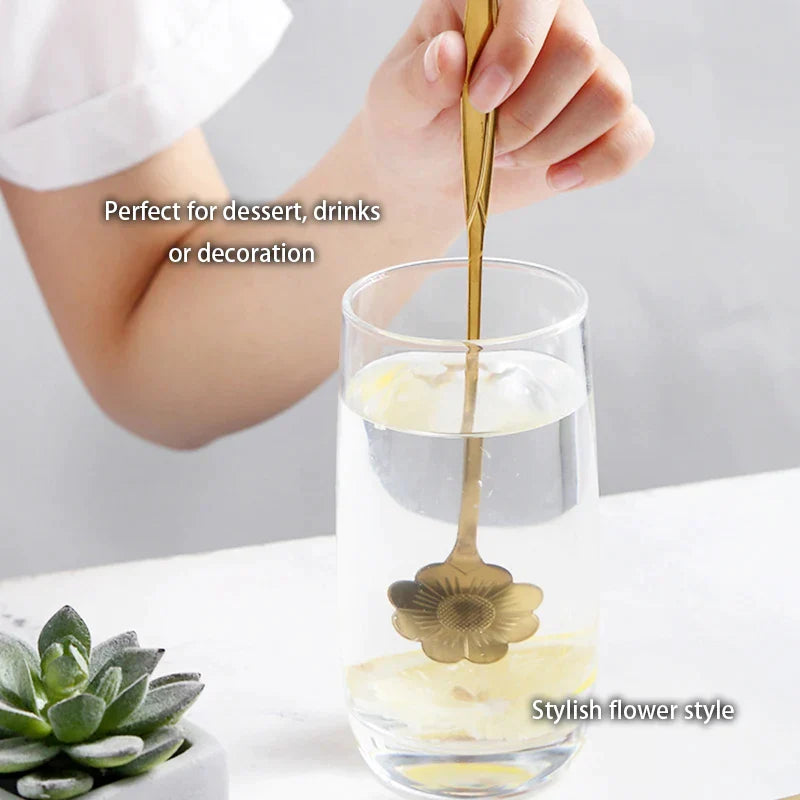 DecorBites™ Gold Flower Stainless Steel Teaspoons Set for Coffee, Desserts, and Ice Cream