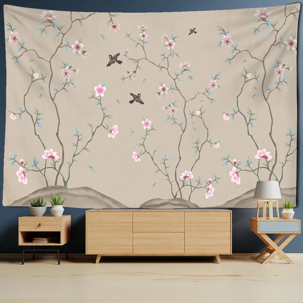 Decobites Flower Bird Chinese Painting Tapestry Wall Hanging Bohemian Style Home Decor