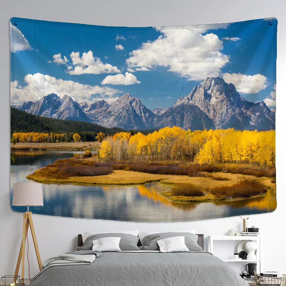 Mountain Lake Scenery Tapestry by Decobites - Golden Forest Wall Hanging for Home Decor