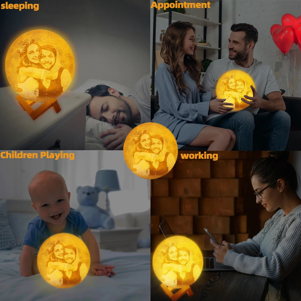 Personalized 3D Printing Moon Lamp Customized Photo Text Night Light USB Rechargeable Birthday Mother Day Lunar Christmas Gift