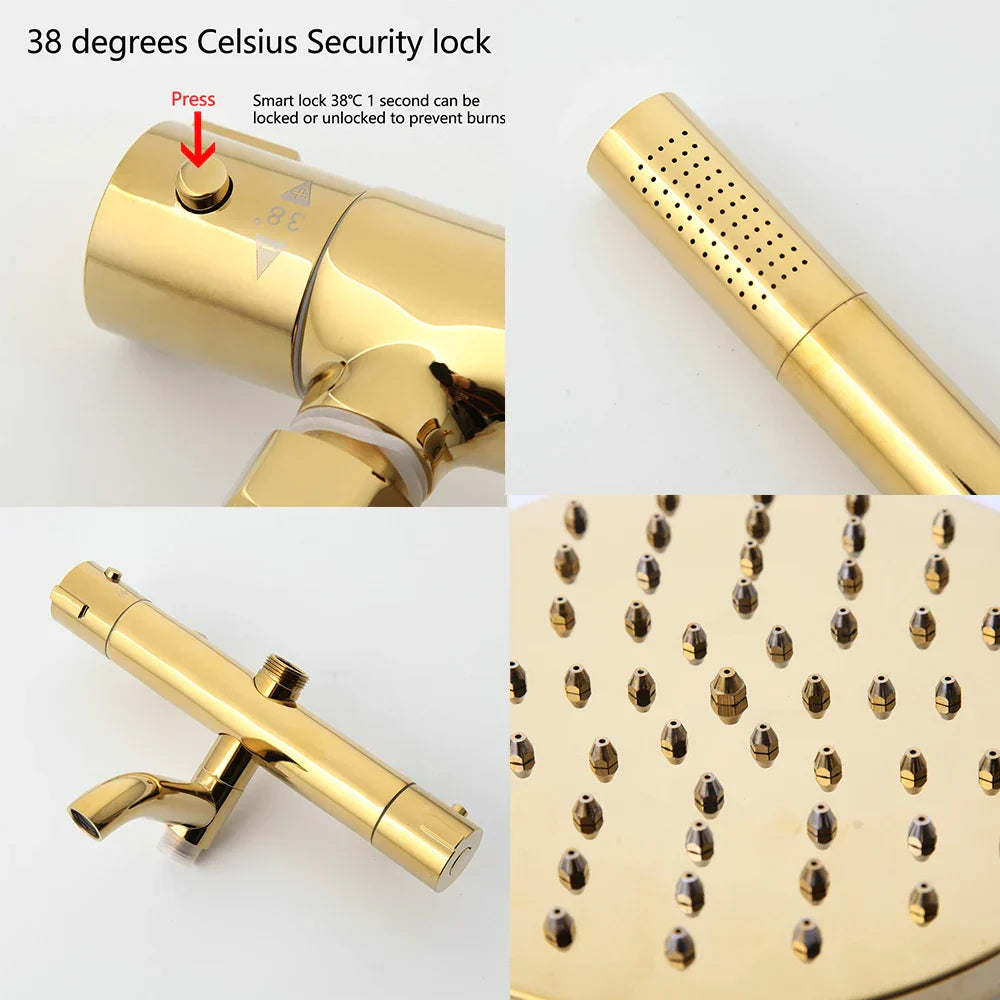 DecorBites™ Gold Plated Thermostatic Shower Faucet Set with 8" Rainfall Head