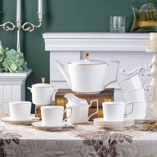 DecorBites™ Bone China White Tea Set: Coffee Cup, Saucer, Milk Jar, Sugar Bowl, British Teaware