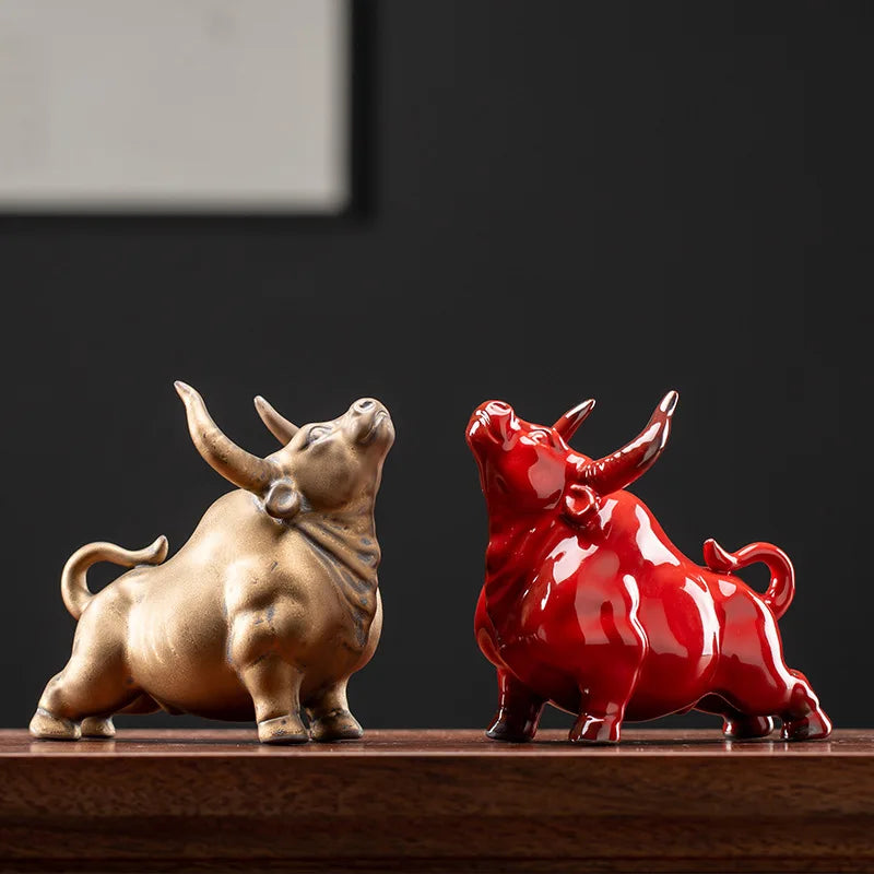 DecorBites™ Bull Figurines: Porcelain Animal Statue for Home Office Decor