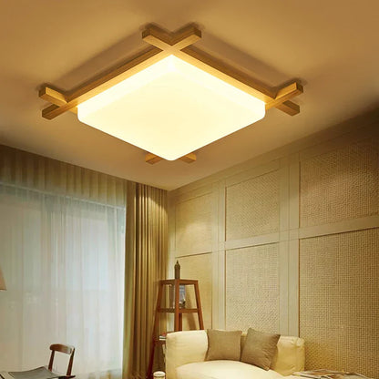 DecorBites™ Japanese Wood Ceiling Light Tatami Lamp Flush Mount Living Room Bedroom Square