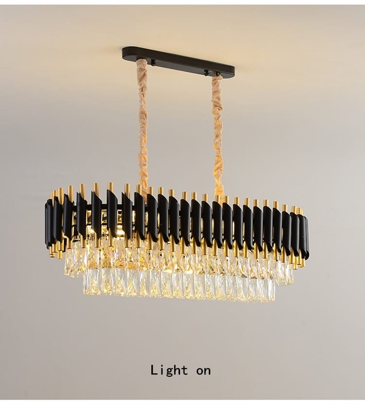 Modern black and gold luxury k9 crystal tiered chandelier with crystal droplets hanging from twisted rope chains designed for dining room lighting by Nebra Luxury crystal chandeliers.