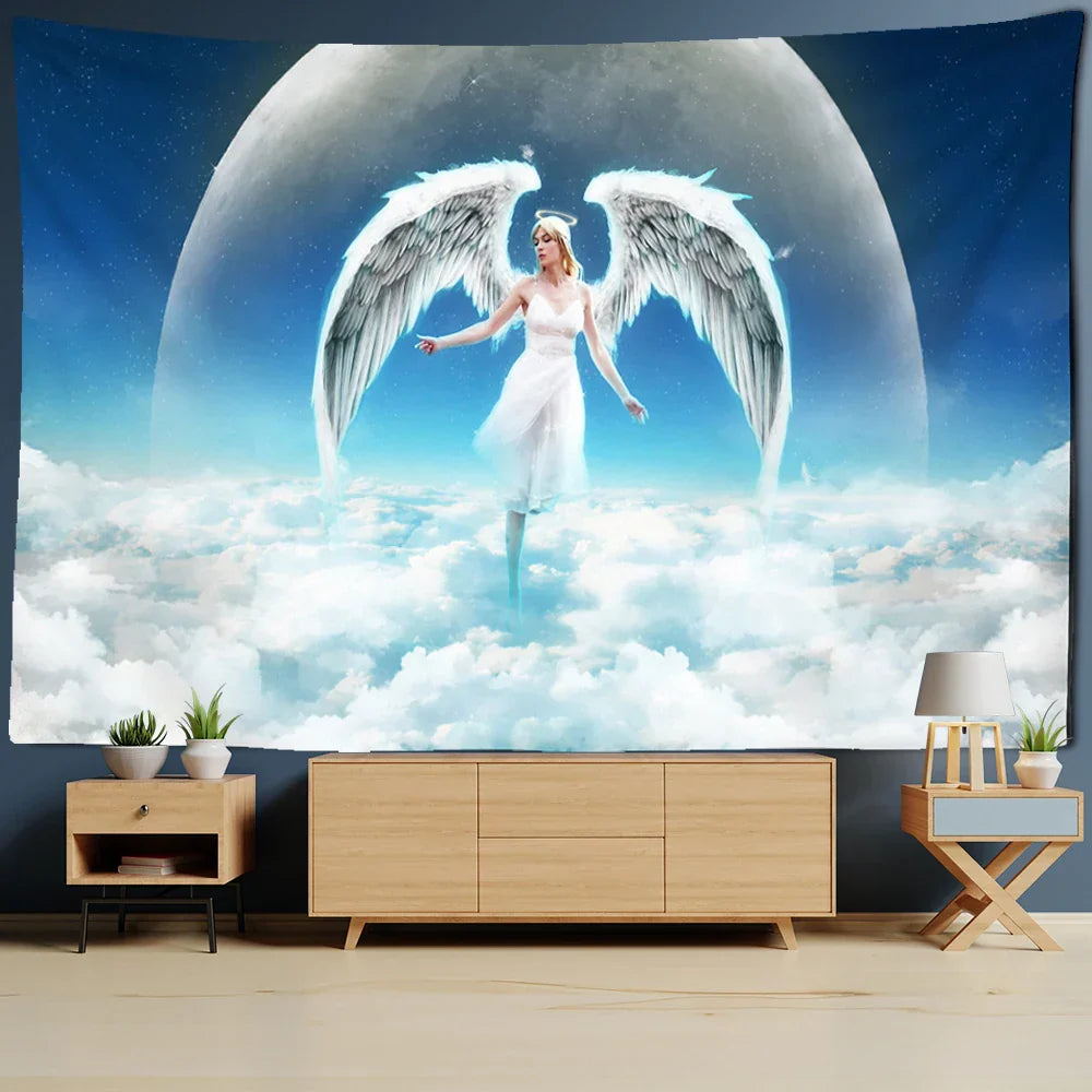 Decobites Angel Tapestry Wall Hanging: Blue Sky White Clouds Halo Bohemian Art Decor