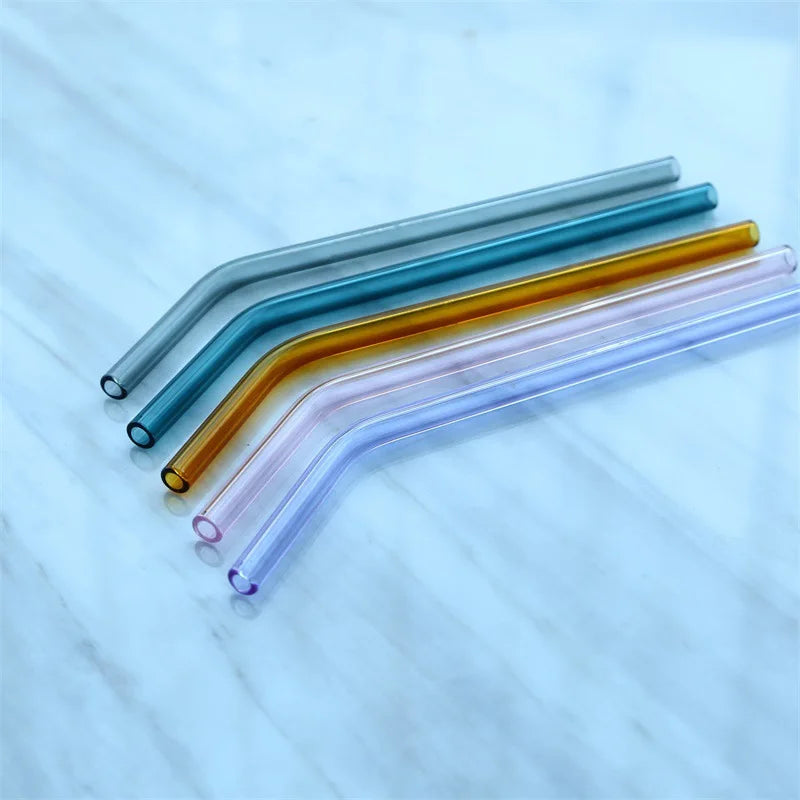 DecorBites™ 6Pcs Colorful Glass Curved Juice Straws - Heat-resistant and Transparent