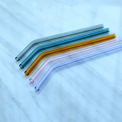 DecorBites™ 6Pcs Colorful Glass Curved Juice Straws - Heat-resistant and Transparent