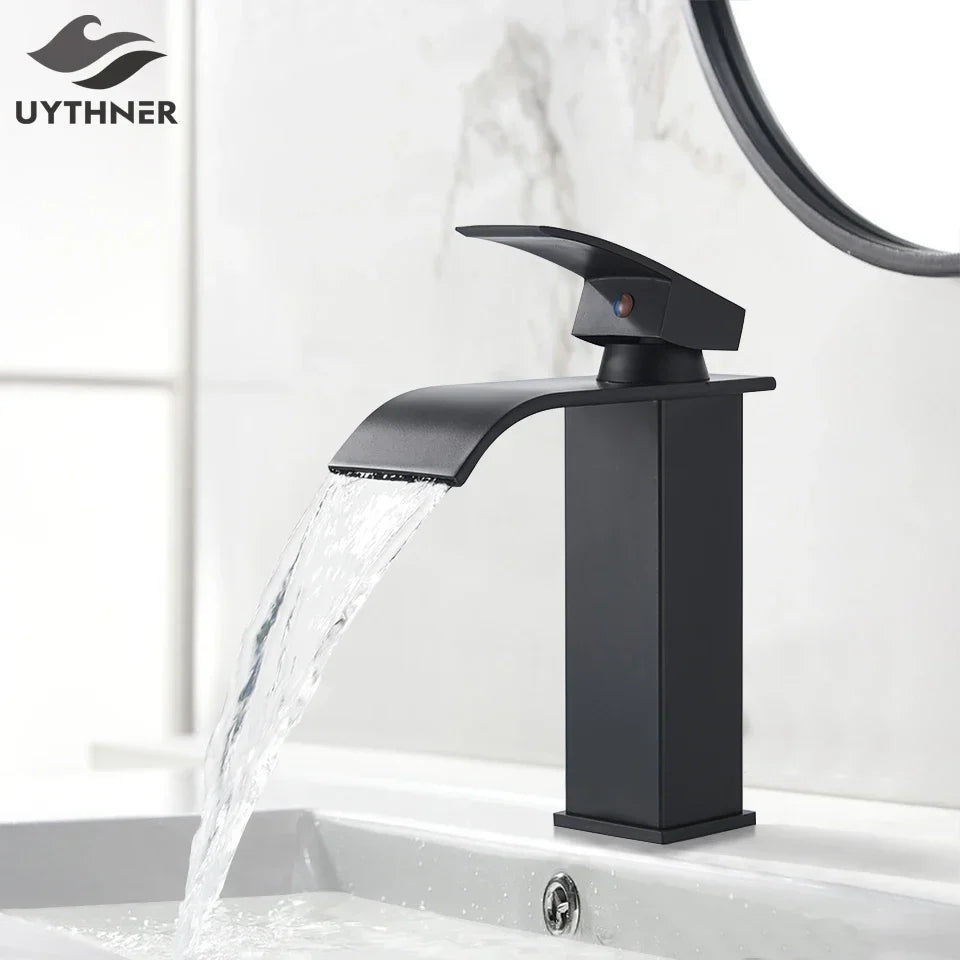 DecorBites™ Black Brass Bathroom Waterfall Sink Faucet Hot&Cold Mixer Vanity Tap Deck Mounted