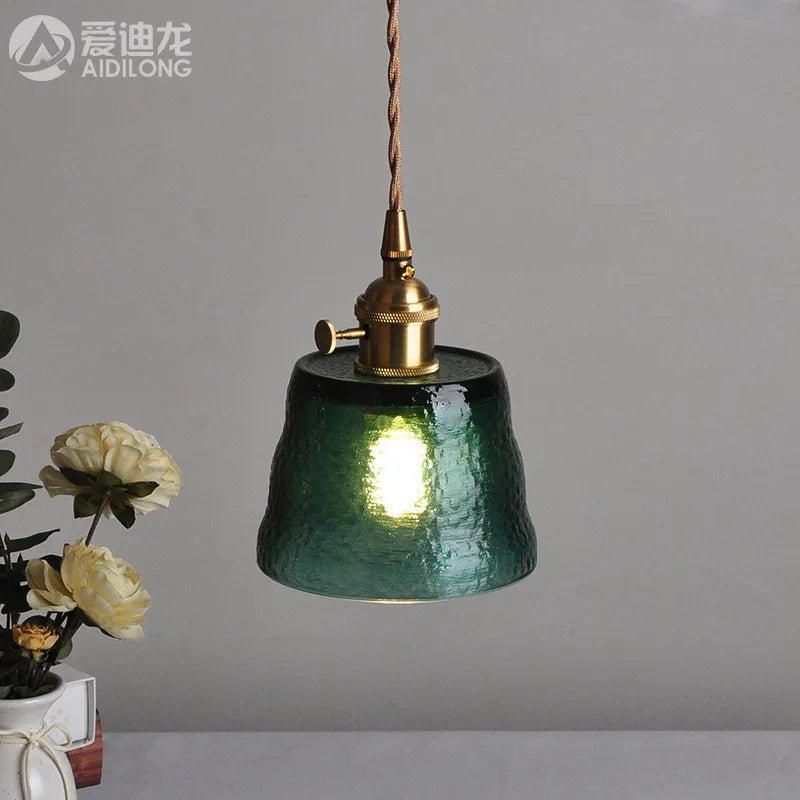 DecorBites™ Green Glass LED Pendant Light - Japanese Style Nordic Copper Hanging Lamp
