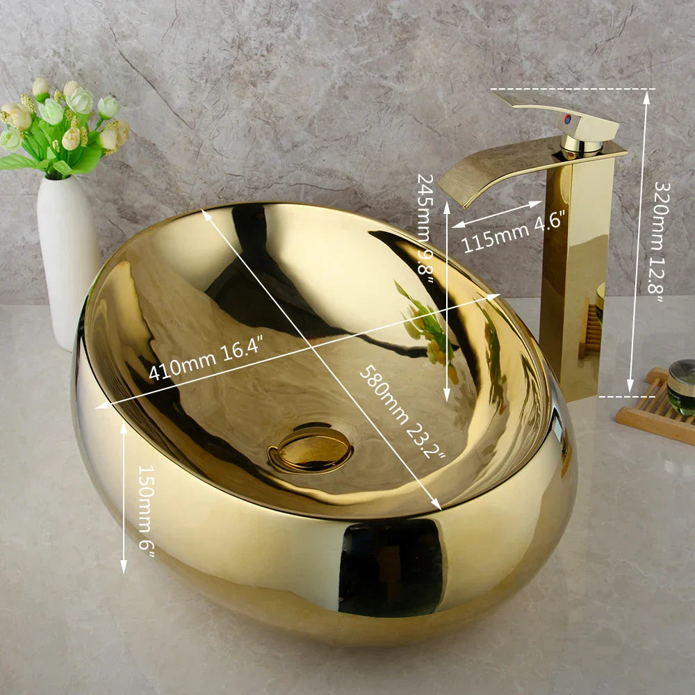 DecorBites™ Gold Ceramic Basin Sink & Brass Faucet Set with Pop Drain