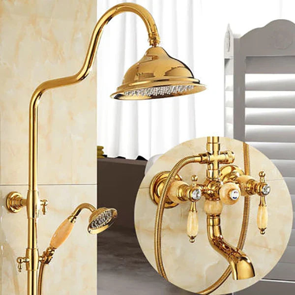 DecorBites™ Gold Brass Jade Bath Shower Set Wall Mounted Rainfall Hand Shower Faucet