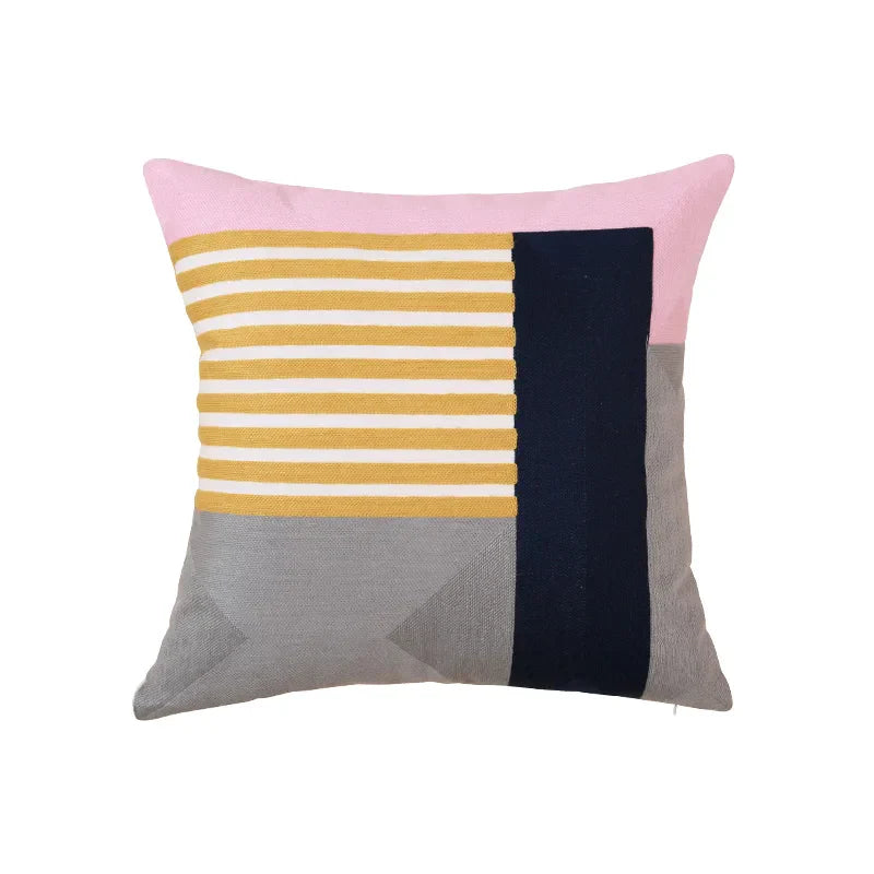 Funda de cojín DecorBites™ con bordado geométrico, 45x45cm/30x50cm, diseño abstracto amarillo y rosa