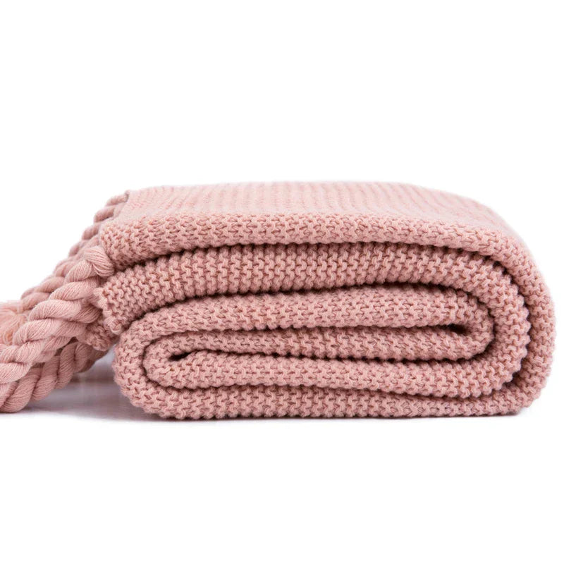 DecorBites™ Knit Throw Blanket Ivory Pink Solid Soft Plaid Tassels 50"x62"
