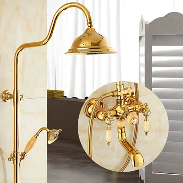 DecorBites™ Gold Brass Jade Bath Shower Set Wall Mounted Rainfall Hand Shower Faucet