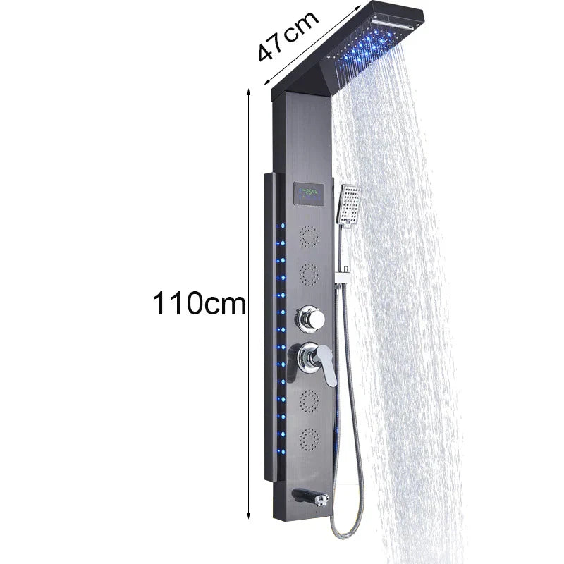لوحة دش DecorBites™‎ سوداء مزودة بإضاءة LED وخمس وظائف، صنبور دش للحمام مثبت على الحائط