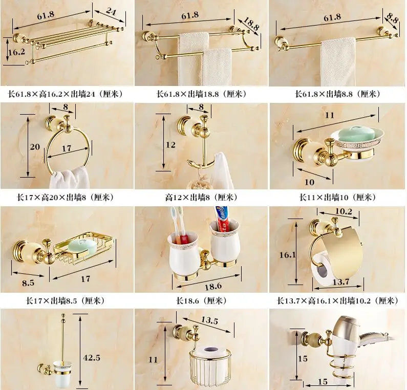 DecorBites™ Brass Jade Bathroom Hardware Set: Corner Shelf, Paper Holder, Towel Bar, Soap Basket, Rack.
