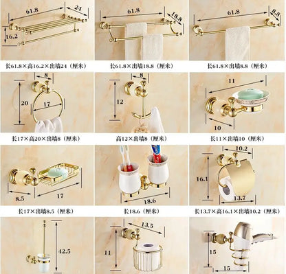 DecorBites™ Brass Jade Bathroom Hardware Set: Corner Shelf, Paper Holder, Towel Bar, Soap Basket, Rack.