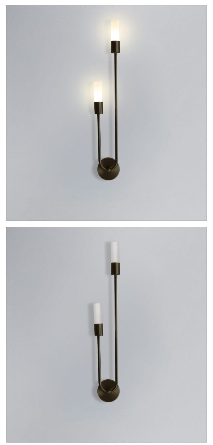 modern gold minimalist led wall lamp with two slender black metal arms and frosted glass shades suitable as a vertical bedroom wall lamp