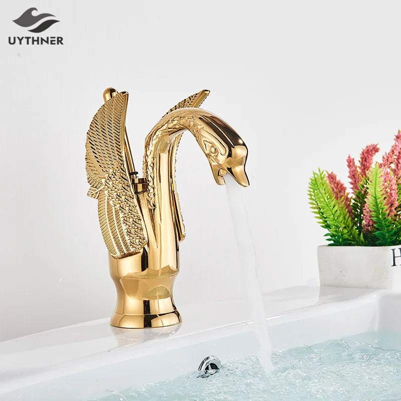 DecorBites™ Brass Golden Swan Faucet for Bath Basin, Cold & Hot Water Mixer Tap