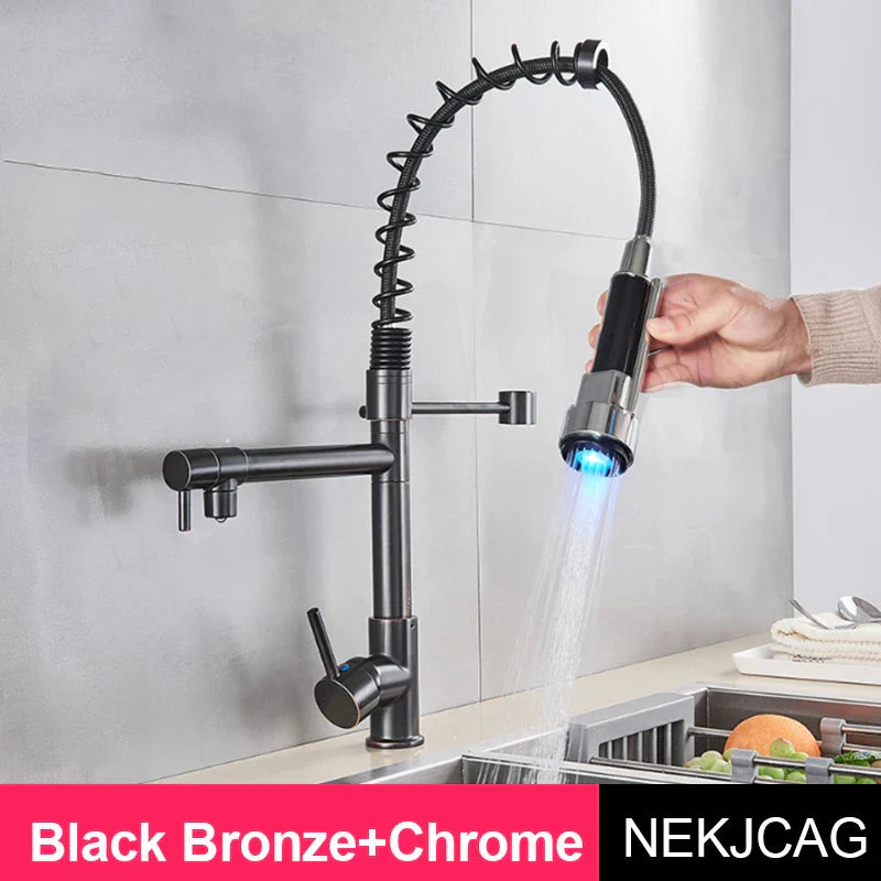 DecorBites™ LED Spring Kitchen Faucet: Dual Swivel Spout, Pull Down, Hot Cold Mixer Tap