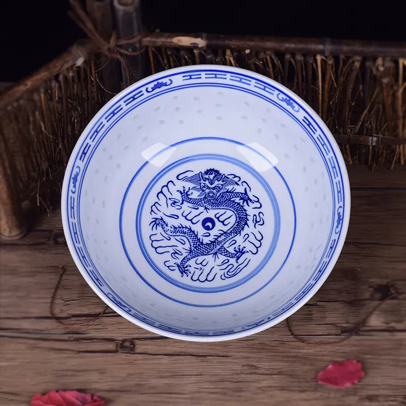 DecorBites™ Ceramic Dragon Print Rice Bowl - Blue and White Soup & Salad Dish