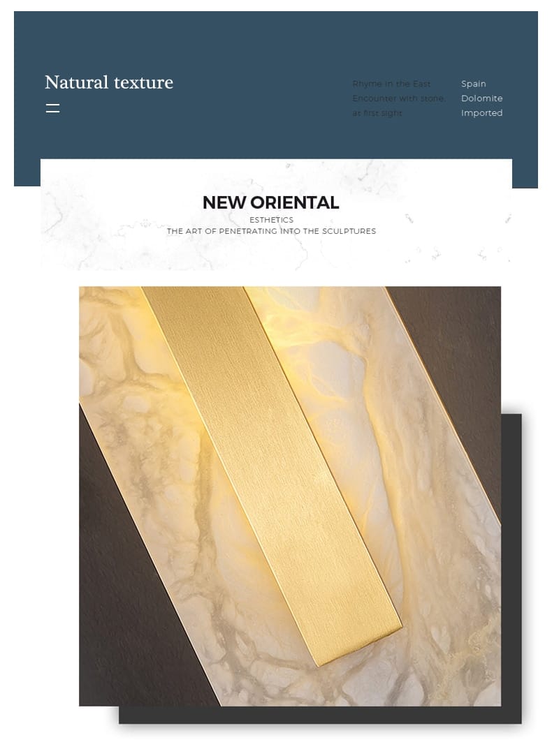postmodern gold copper marble wall lamp featuring a golden rectangular slab of natural dolomite stone with a polished smooth surface and subtle veining for living room use.