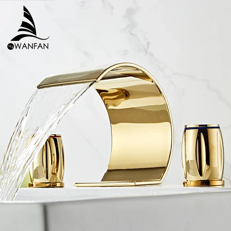 Grifo de Lavabo de Doble Asa en Oro Decorbites™ - Mezclador de Tres Agujeros para Lavabo de Baño