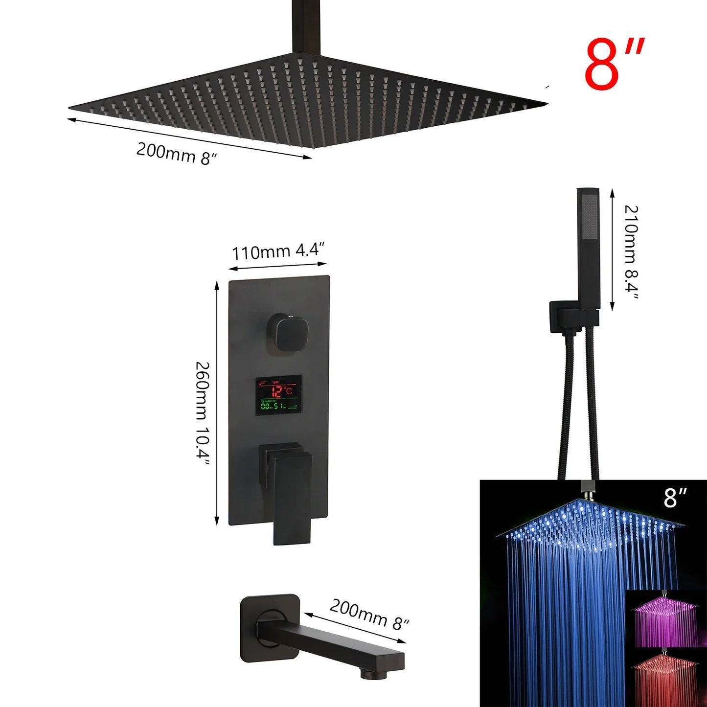 DecorBites™ Black Digital Shower Faucet, Matte Black Finish, Thermostatic Temperature Display