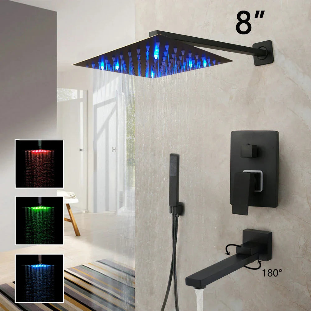 DecorBites™ 8/16 Inch Matte Black LED Rainfall Shower Faucet Set