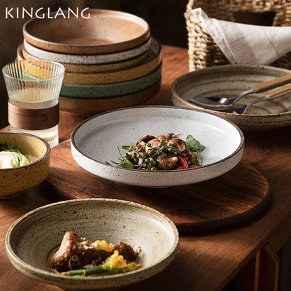 DecorBites™ Ceramic Round Plate Set - Retro Style High Footed Soup and Salad Bowls