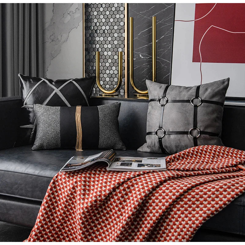 Funda de Cojín con Bordado en Parche de Cuero Decorbites™: Estuche de Almohada de Lujo Moderno para Sofá