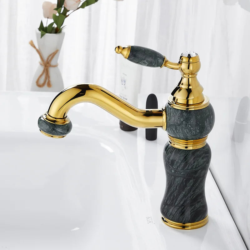 DecorBites™ Gold Brass and Marble Bathroom Basin Faucet Cold Hot Water Mixer Sink Tap
