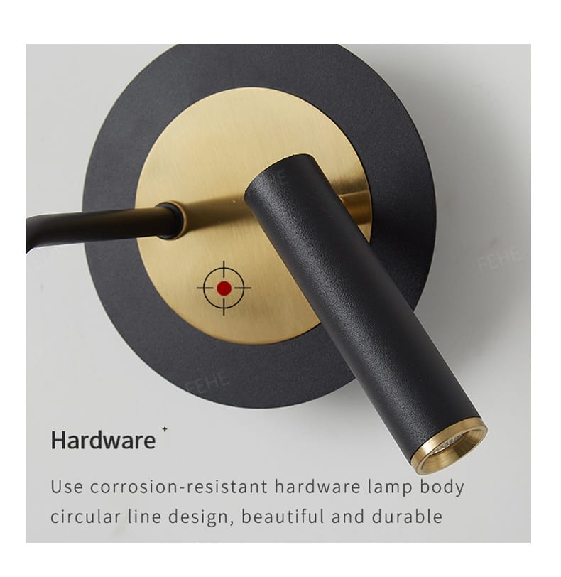 Minimalist creative luxury black and brass wall-mounted reading lamp with sleek cylindrical shade designed for luxury bedroom bedside use.