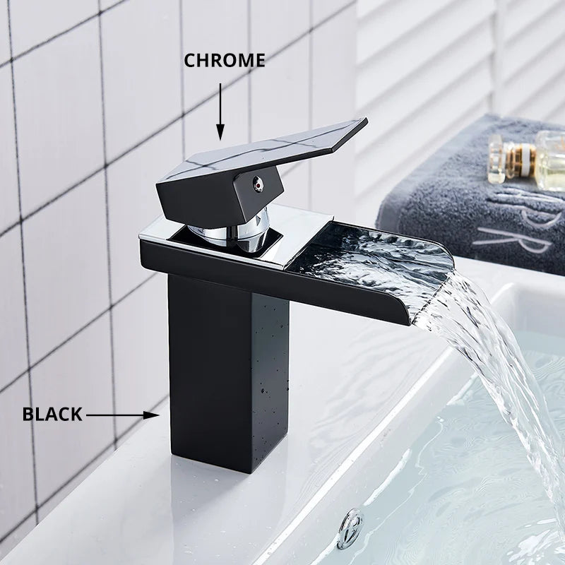 DecorBites™ Black Brass Bathroom Waterfall Sink Faucet Hot&Cold Mixer Vanity Tap Deck Mounted