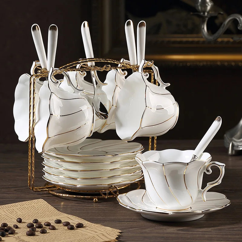 DecorBites™ Gold Wave Bone China Tea Cup Set 200ml High-grade Porcelain Drinkware