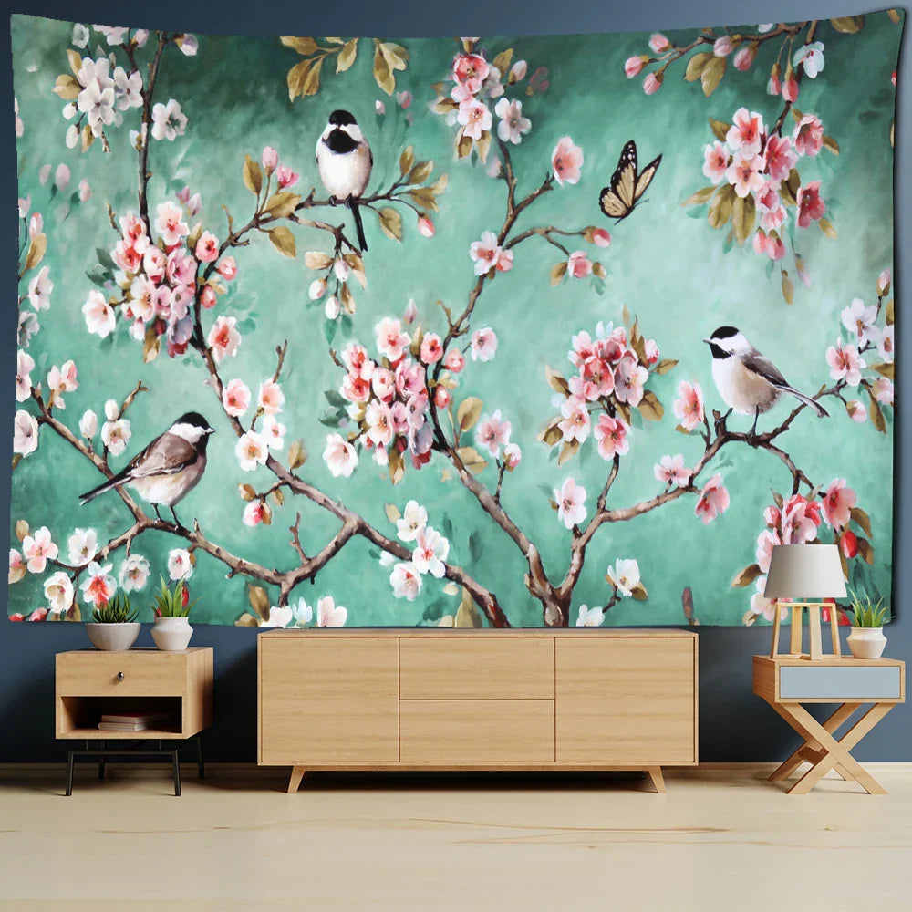 Decobites Flower Bird Chinese Painting Tapestry Wall Hanging Bohemian Style Home Decor