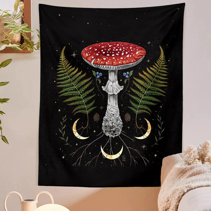 Decobites Mushroom Moon Phase Tapestry Wall Hanging - Vintage Hippie Bohemian Psychedelic Home Decor