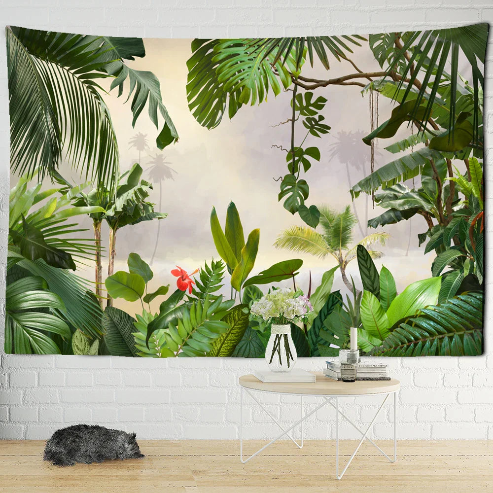 Decobites Botanical Palm Leaf Green Tapestry | Tropical Rainforest Plant Wall Hanging