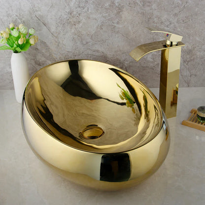 DecorBites™ Gold Ceramic Basin Sink & Brass Faucet Set with Pop Drain