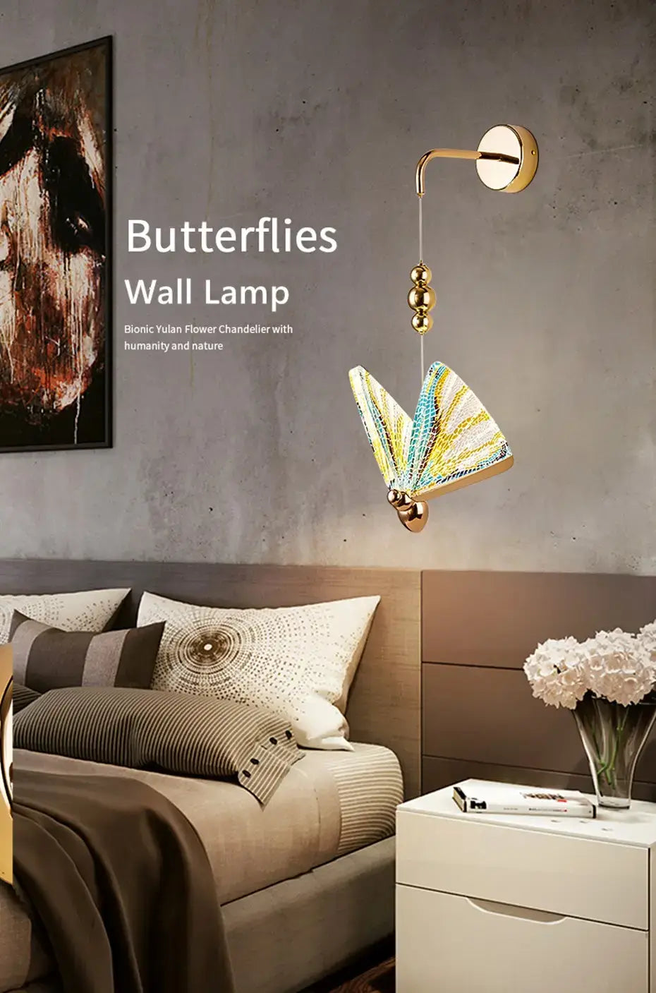 A gold-toned metal frame butterfly led wall light with translucent wings featuring vibrant blue, yellow, and green patterns designed as a nordic butterfly led wall light for bedroom decor.